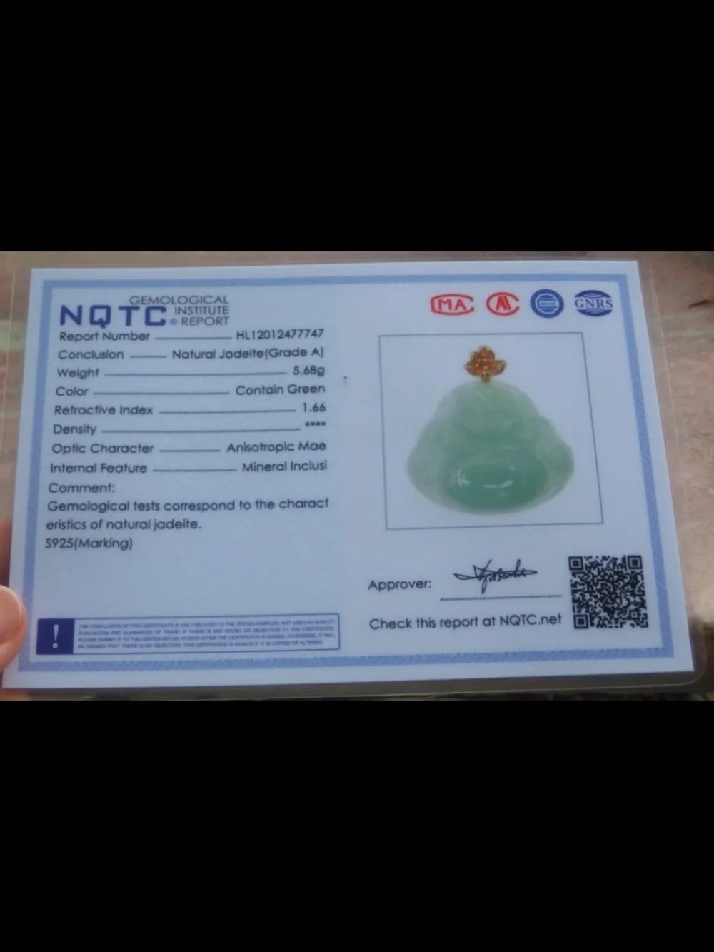 Certificate Sterling silver 925 jadeite Jade green laughing Buddha god pendant